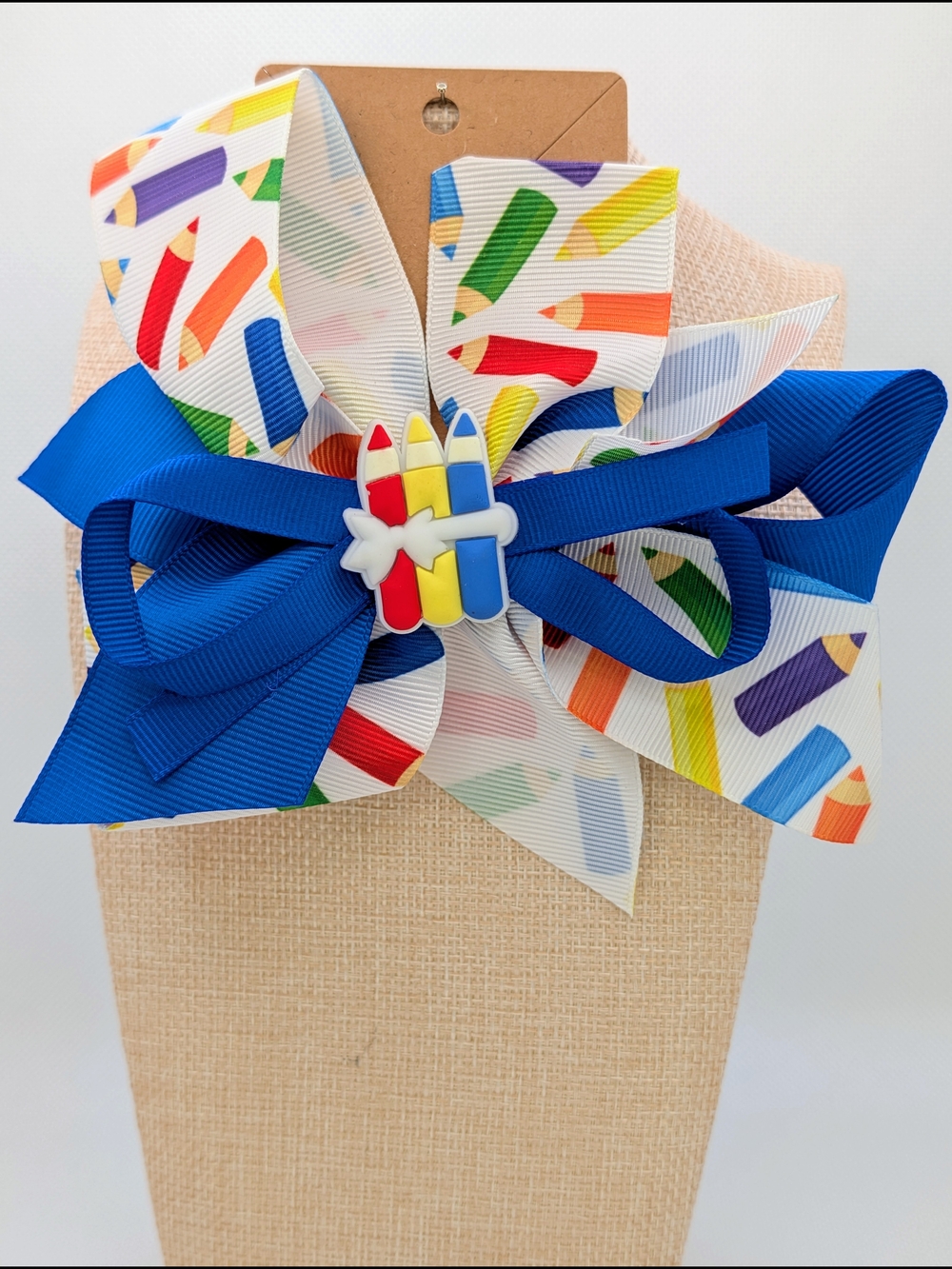 Blue & White Multi-Color Pencil Print Bow Hair Alligator Clip for Kids